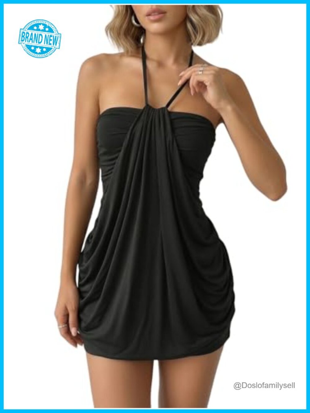 SOLY HUX Halter Ruched Bodycon Mini Dress Backless Club Y2K